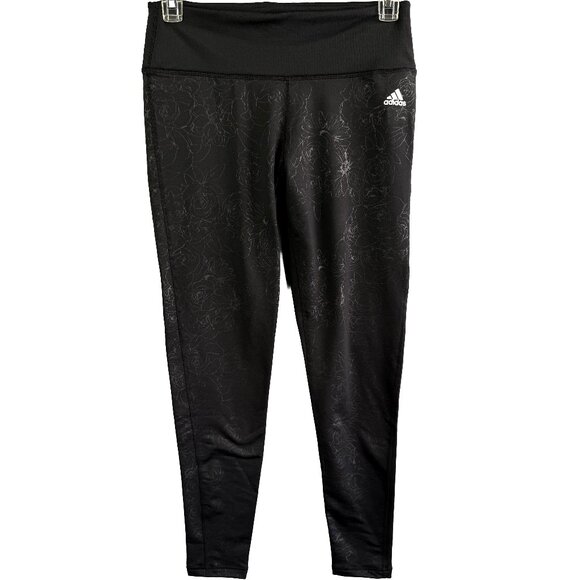 NWT ADIDAS CLIMALITE Embossed Black Floral Tights Active Leggings Women’s Size L - Picture 1 of 13